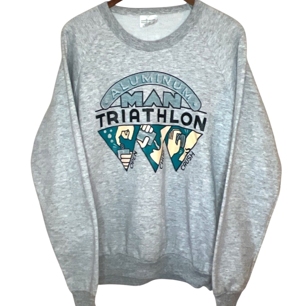 Vintage Aluminum Man Triathlon Open, Chug, Crush Drinking Grey Marle Sweatshirt